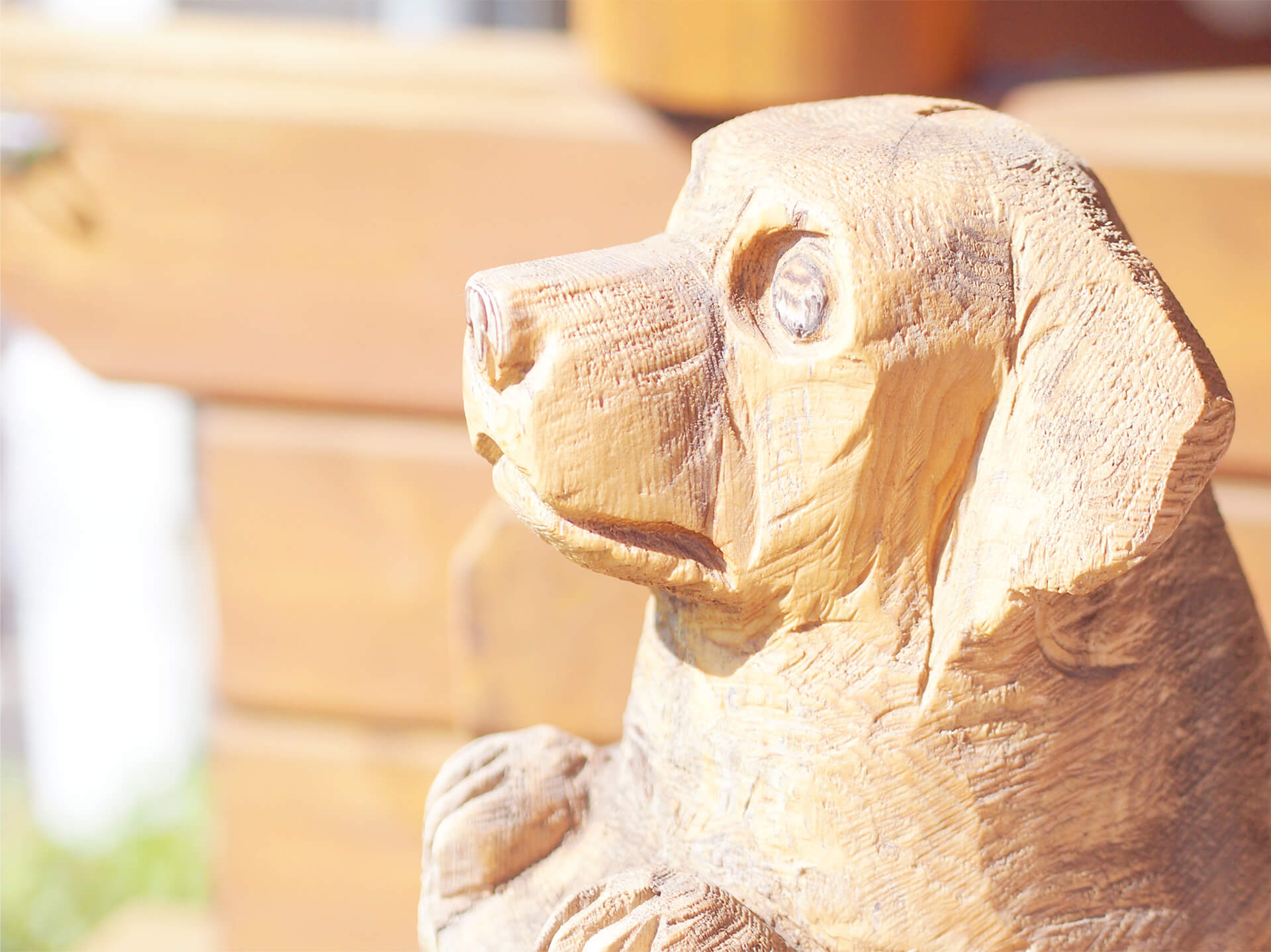 木彫りの看板犬アップ画像
